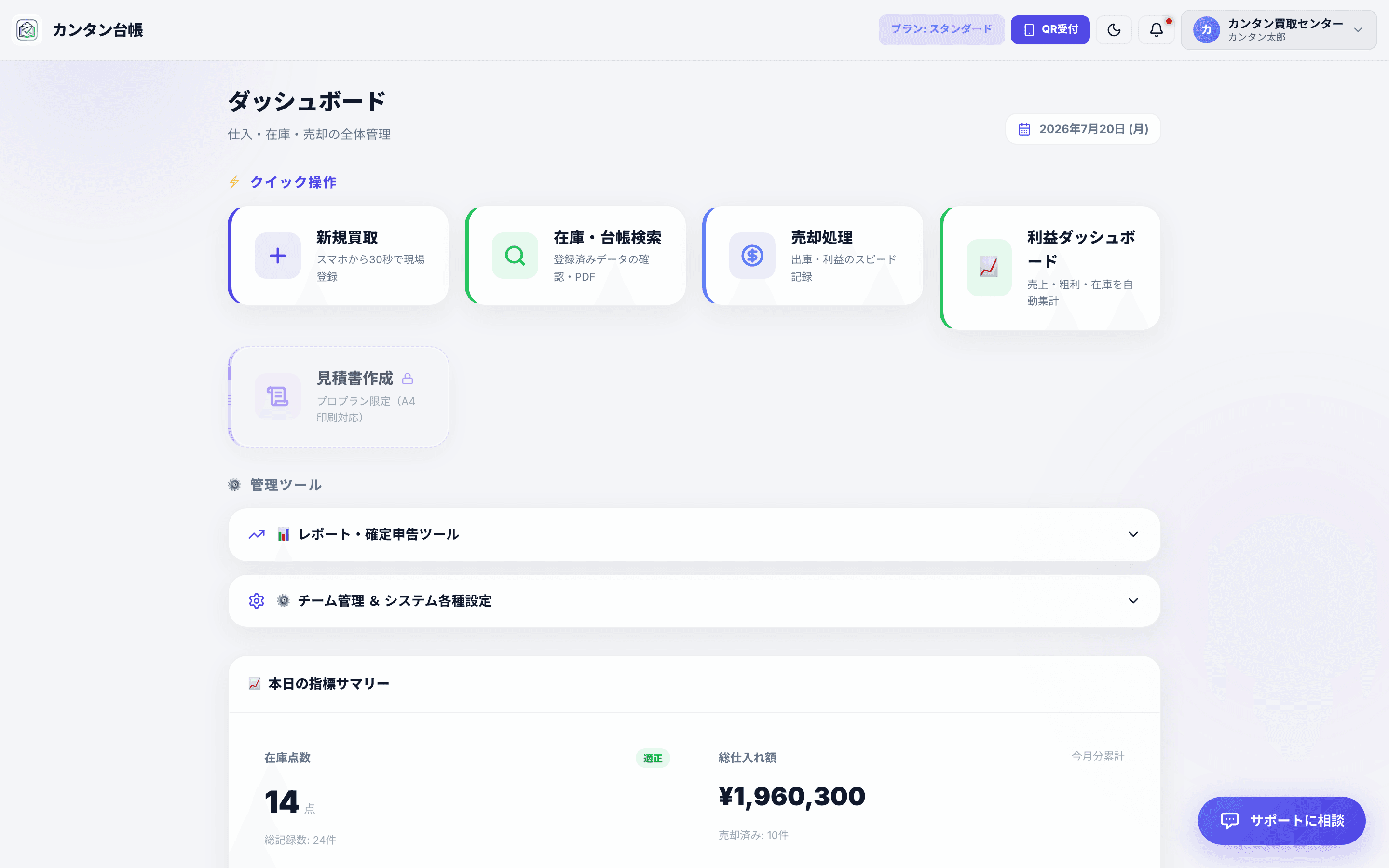 カンタン台帳のダッシュボード画面
